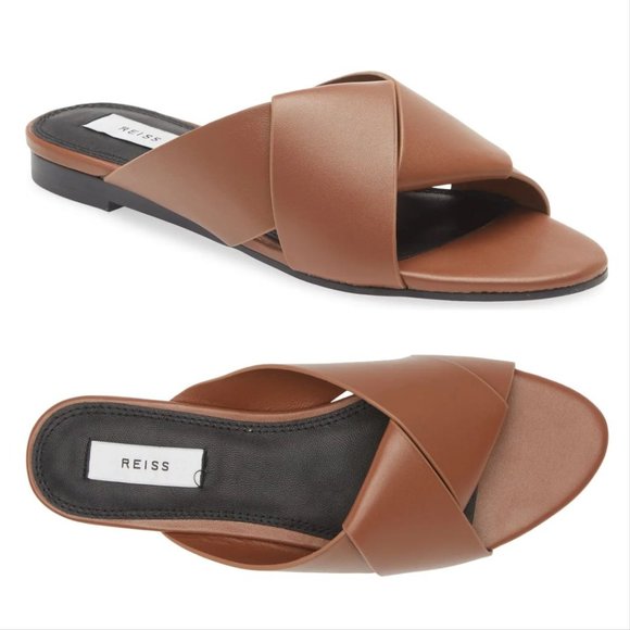 Reiss Brooke Slide Flat SANDALS Size 38 7.5 Brown Leather NEW $225 - Picture 1 of 15